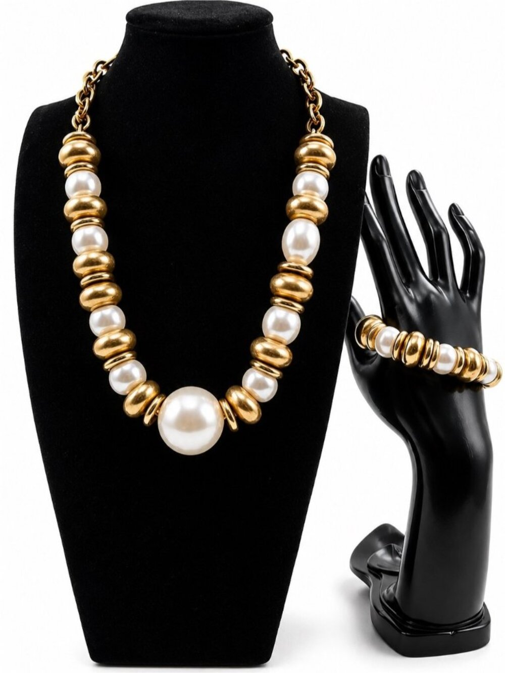Gold and White Pearl accent Bead Necklace with Matching Bracelet